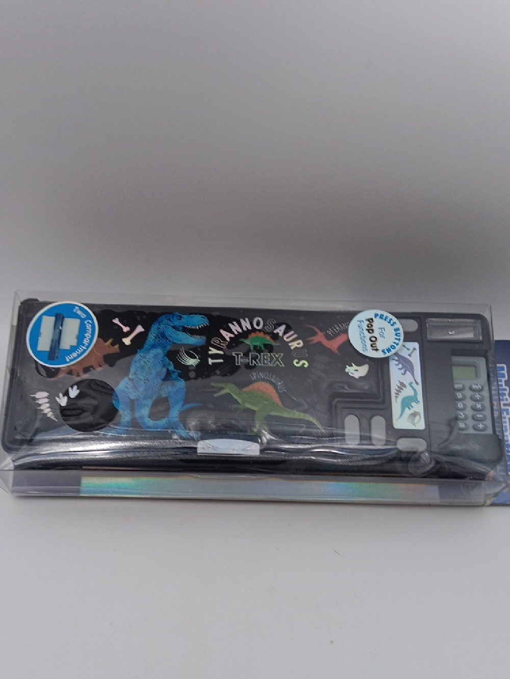 Black Dinosaur-Themed Pencil Case with Built-In Calculator 5+ YR